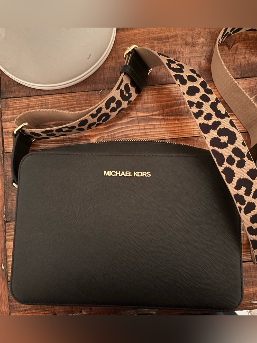 Michael Kors Black Crossbody with Leopard-Print Adjustable Strap